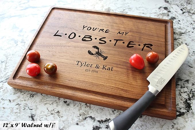 Personalized Cutting Board, Custom Wedding, Anniversary or Housewarming Gift Idea, Wood Engraved Charcuterie, for Couples, Family and Clients (FRIENDS Themed Lobster 087)
