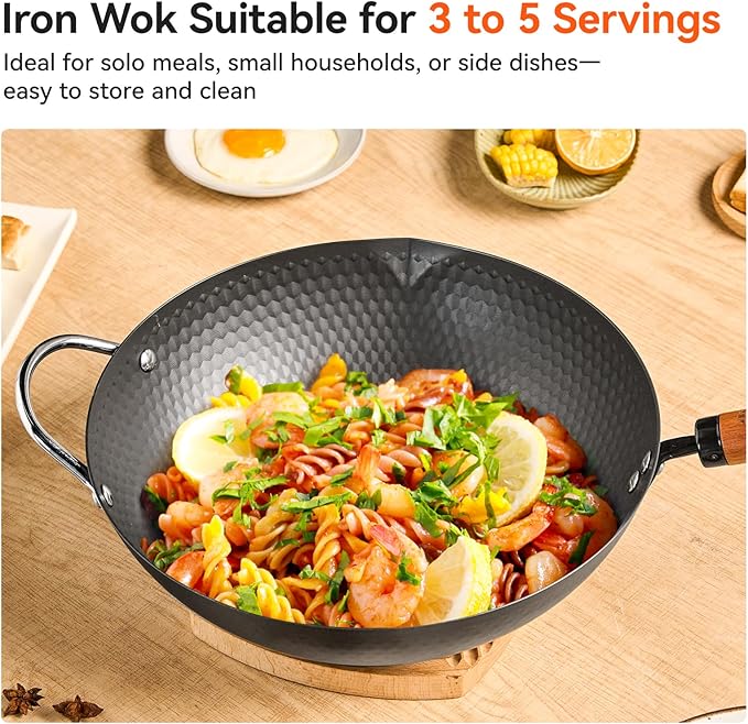 WANGYUANJI 12.6" Wok with Lid, Flat Bottom Nonstick Iron Wok Pan for Induction, Gas and Electric Stoves, Deep Stir-Fry Pan for Everyday Cooking