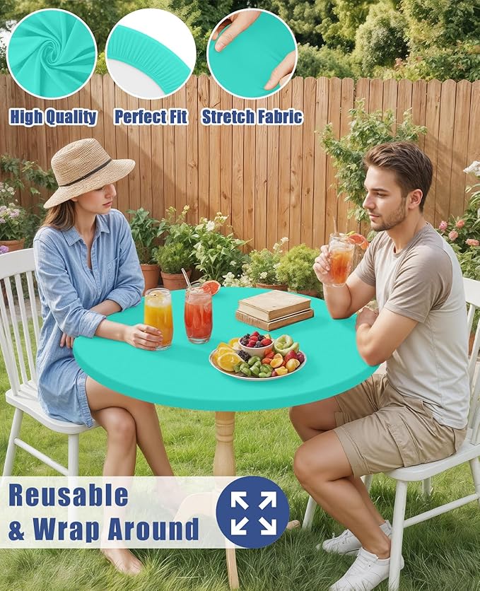 Round Spandex Tablecloth, Elastic Fitted Waterproof Tablecloths for 18"-24" Tables, Stretch Washable Picnic Table Cover for Camping, Dining, Indoor and Outdoor,Aqua Blue