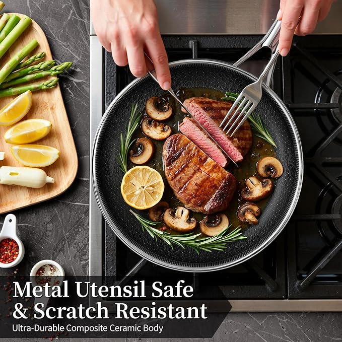 Non Stick Frying Pan 8 Inch Stainless Steel Ceramic Skillet,Nonstick Cooking Pan,PFAS PFOA PTFE Free&Non Toxic,Induction Compatible-Gas&Electric Stovetops,Oven&Dishwasher Safe