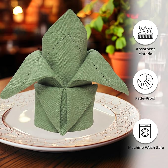 Urban Villa Cloth Napkins Hemstitch Dinner Napkins Set of 12 20X20 100% Cotton Absorbent Washable Durable Reusable Cloth Napkins for Farmhouse Party Hotel Lunch Restaurant Everyday Use - Sage