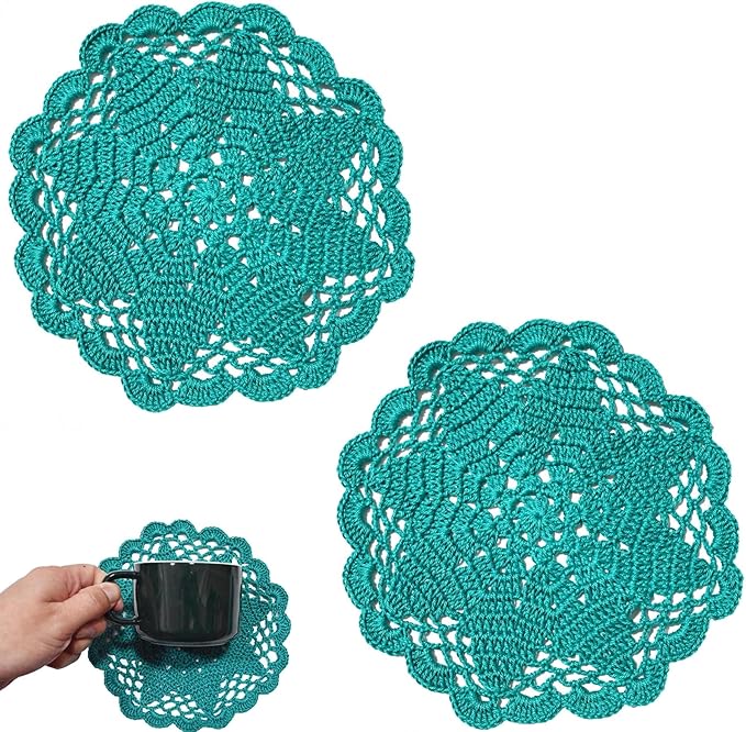 BIBITIME Handmade Crochet Round Lace Doilies Kitchen Table Placemats Wedding Tea Flower Vase Cup Mats (Peacock, 6" to 7",Pack of 2PCS)