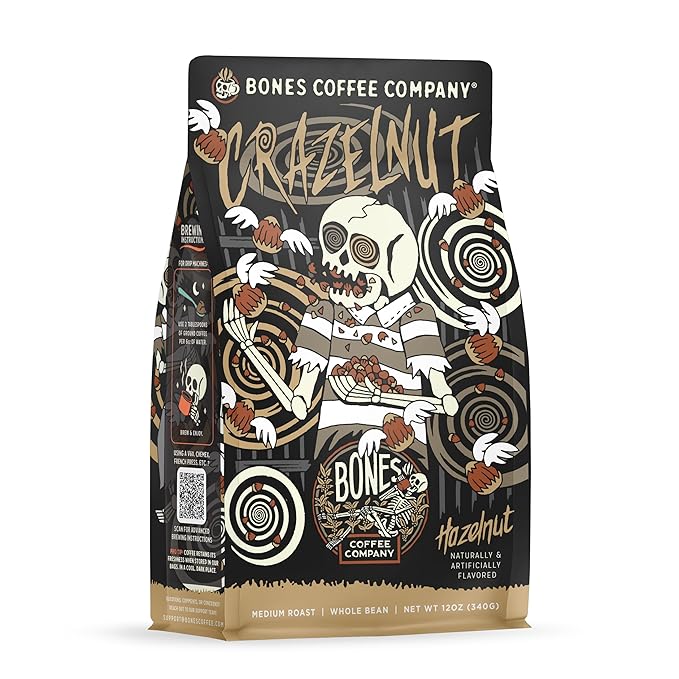 Bones Coffee Company Crazelnut, Hazelnut Flavored Coffee, Medium Roast Low Acid Arabica Beans Compatible with Auto drip and French Press Coffee Maker, 12 Oz Whole Bean