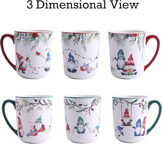 Bico Christmas Gnome Ceramic Mug Set of 4, Christmas Coffee Mugs, 16oz Holiday Cups for Tea, Cocoa, or Hot Drinks, Microwave & Dishwasher Safe