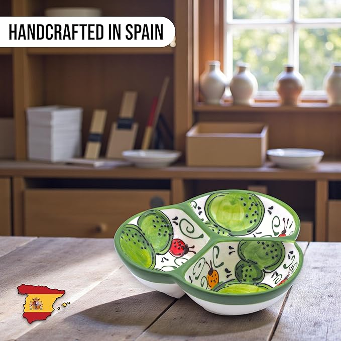 Ceramic Chip & Dip Bowl 7.5”, 3-Compartment Divided Serving Dish & Condiment Tray for Appetizers – Handmade in Spain, Lead-Free Glaze, Microwave, Oven & Dishwasher Safe