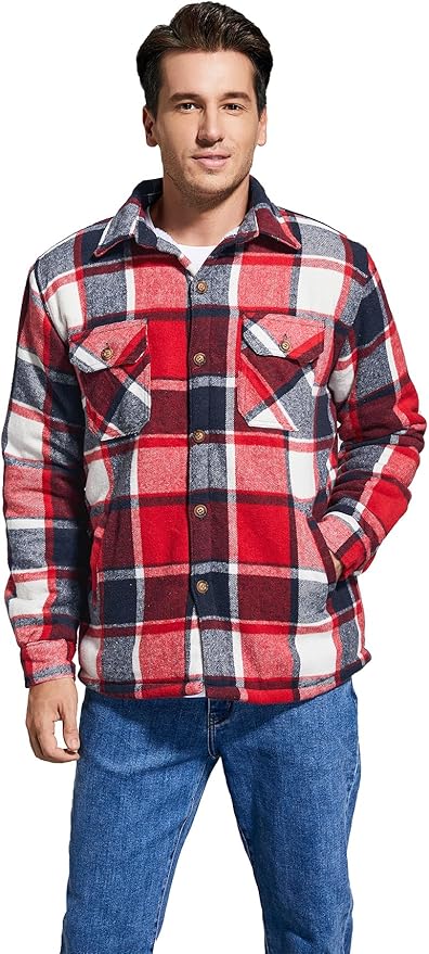 Men's Cotton Sherpa Lined Button Down Flannel Shirt Jacket Plaid Soft Outdoor Flannel Jacket Shirt