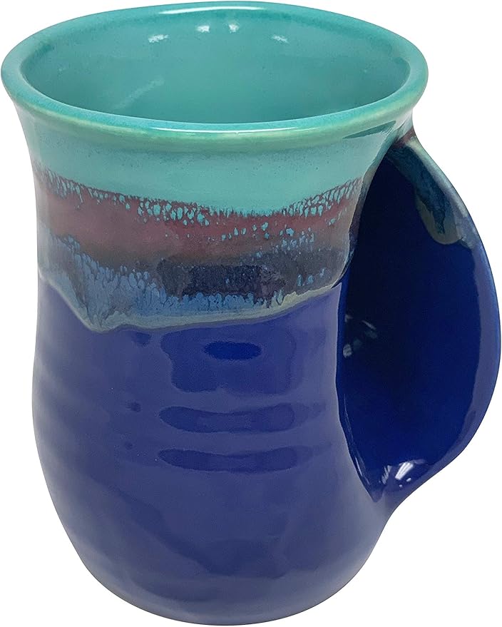 Clay in Motion Hand Warmer Coffee Mug – Handmade Coffee Mug With Comfortable Handle Contoured Pocket Hand Warming Ceramic Coffee Mug – Proudly Made in USA – Right Handed – 14 Oz - Mystic Waters
