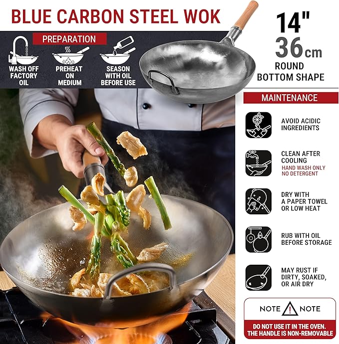 YOSUKATA 14” Round Bottom Carbon Steel Woks and Stir Fry Pans – Unseasoned Pow Wok for Stir Fry, BBQ & Camping – Hand-Hammered Traditional Japanese and Chinese Pan – Gas Stove, Open Fire Only