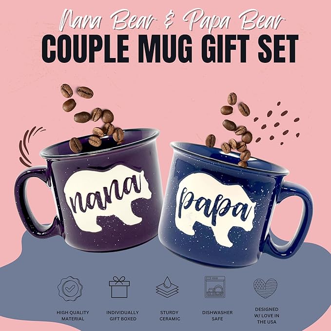 Nana and Papa Bear 15 oz Cute Coffee Mug for Grandma, Grandmother - Grandma Gifts, Mother's Day, Father's Day, Christmas, Birthday (Nana Bear Plum and Papa Bear Navy Blue Gift Set)