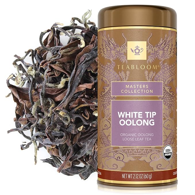 Teabloom Organic White Tip Oolong Loose Leaf Tea, Sweet and Lush with a Delicate Warm Spicy Undertone, USDA Certified Organic and Kosher, 2.12 oz. /60 g Canister Makes 35-50 Cups