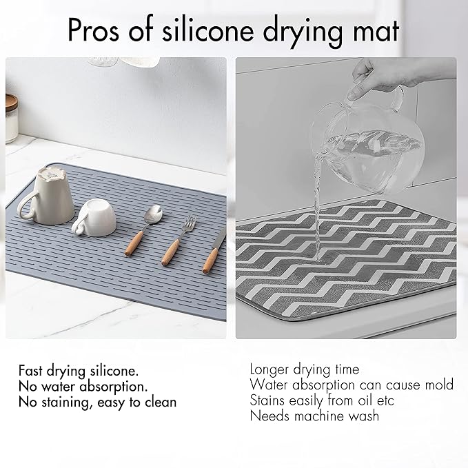 Silicone Dish Drying Mat for Kitchen Counter, Extra Large, 23” x 18” Heat Resistant, Non-Slip Design, Quick Dry, Easy Clean, Raised Edge Holds Water, BPA Free, Food Grade Silicone- Gray