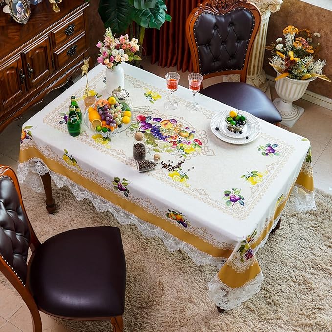 SUTAVIA Lace Embroidered Table Cloth,Rectangular Farmhouse TableCover,Classic Oblong Antique Flower Decor Macrame Tablecloth (Yellow, Rectangle/Oblong,52 x 70 Inch,4-6 Seats)