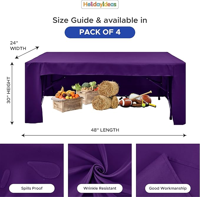 HolidayIdeas Open Back Fitted Tableclothss for 4 Foot Rectangle Table, Wrinkle Resistant Washable Table Covers 24x48 Inch for Craft Fairs, Banquets, Trade Show Display, Purple,4 Pcs