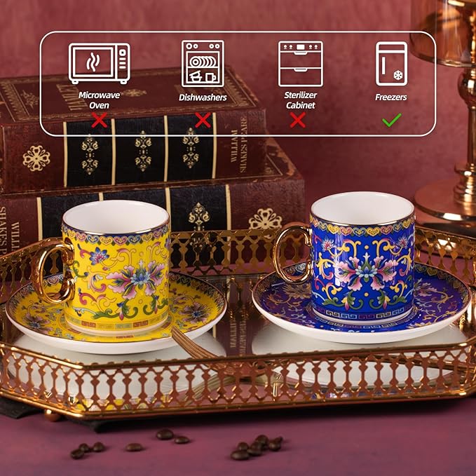 KAMMAK Tea Cups and Saucers Set of 2, Porcelain Coffee Cups with Saucer for Espresso, Cappuccino, 7oz Vintage Yellow and Blue Ceramic Novelty Mug for Home, Tea Party, Office