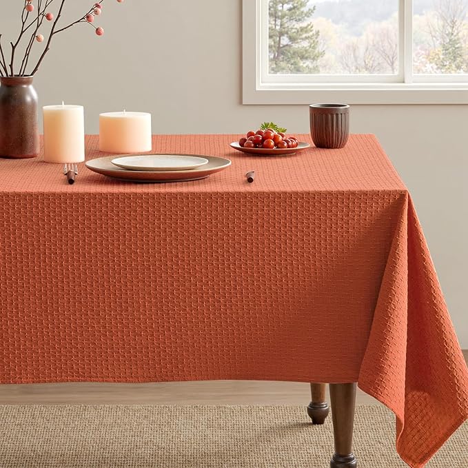 MIULEE Fall Tablecloth Burnt Orange Linen Cotton Table Cloth Rectangle Waterproof Spillproof Cross-Star Textured Decorative Farmhouse Style for Dining Party Weddings 60x84 Inch