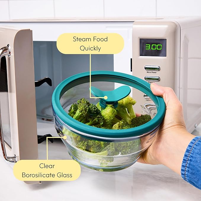 Anyday 7-Cup Glass Food Storage with Glass Lid, Round Shallow Dish | Plastic-Free Meal Prep & Microwave Cookware | Stackable Airtight Storage Container with Vented Lid for Microwave-Safe Reheating