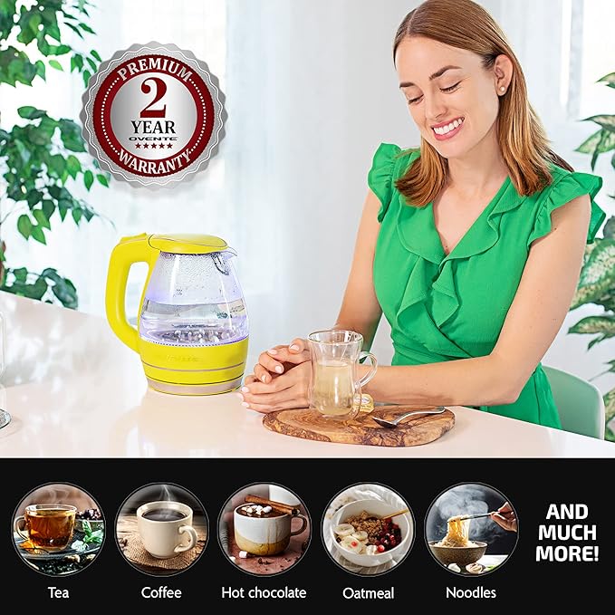 OVENTE Electric Kettle, 1.5L Borosilicate Glass Countertop Water Heater and Boiler for Coffee or Tea, BPA-Free, Auto Shut-Off,  Boil-Dry Protection, Removable and Washable Spout Filter, Green KG83G