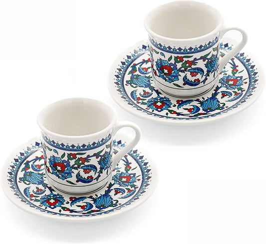 Turkish Coffee Cup Set of 2 with Saucers & Holder – Ceramic, Dishwasher-Safe, Keeps Warm – Patterned Turkish Espresso Cups Set for Home & Office (Standart, 2, Count)
