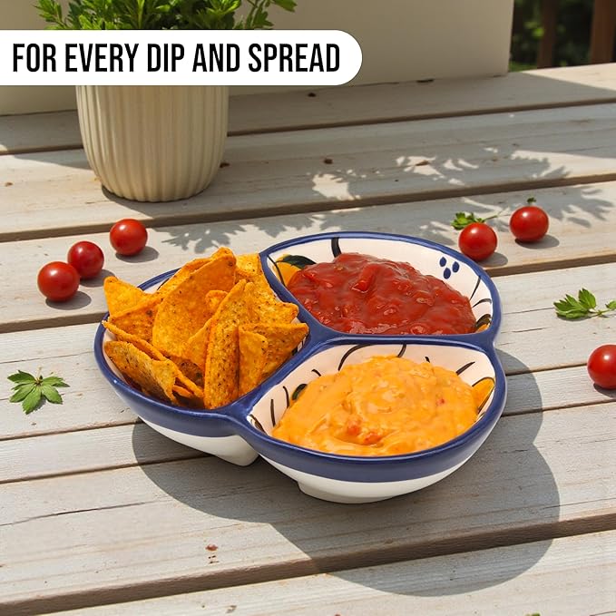 Ceramic Chip & Dip Bowl 7.5”, 3-Compartment Divided Serving Dish & Condiment Tray for Appetizers – Handmade in Spain, Lead-Free Glaze, Microwave, Oven & Dishwasher Safe