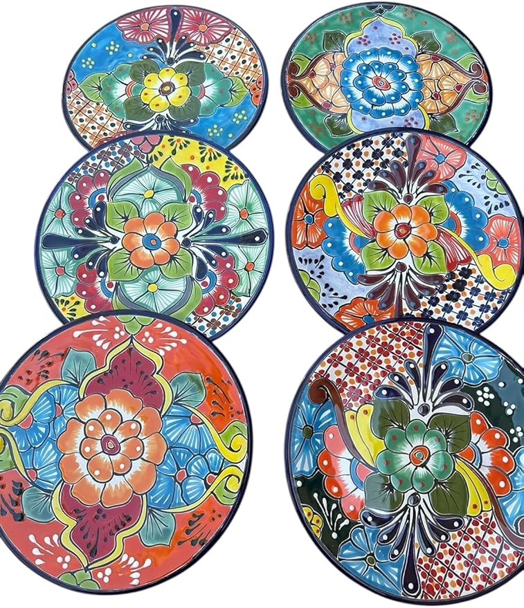 Set of 6 Talavera Plates - 10” Handcrafted Mexican Pottery Plates, Colorful Decorative Wall Art, Lead-Free, Heat & Dishwasher Safe