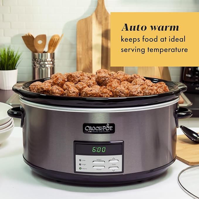 Crock-Pot Large 8-Quart Programmable Slow Cooker with Auto Warm Setting Black Stainless Steel