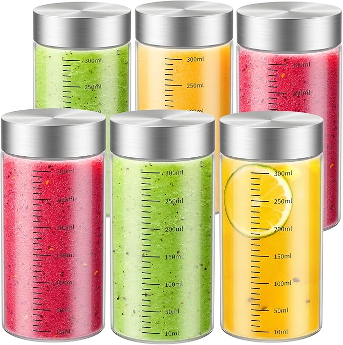 11 Oz Glass Juice Bottles with Lids, 6 Pack Glass Bottles, BPA Free, Borosilicate Glass, Leak Proof Lids for Juicing, Smoothies, Water Bottles, Food Storage, Shaker Bottles