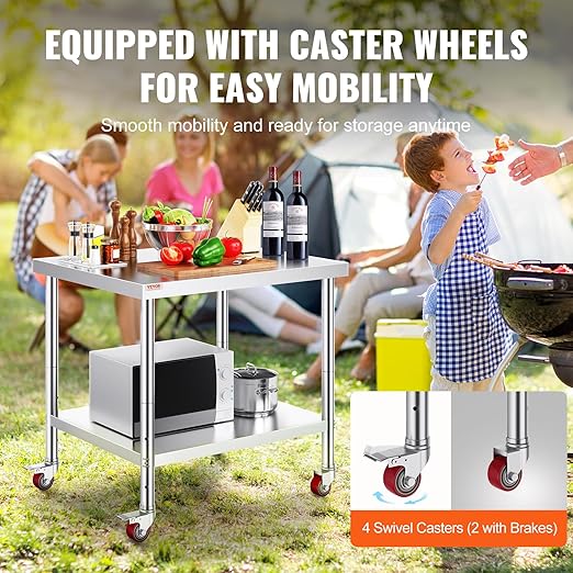 Vevor 30x36x34 Inch Stainless Steel Work Table 3-Stage Adjustable Shelf with 4 Wheels Heavy Duty Commercial Food Prep Worktable with Brake for Kitchen Prep Work