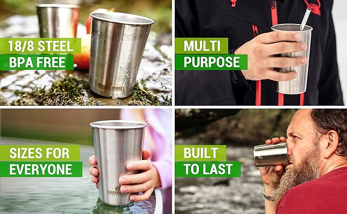 #1 Premium Stainless Steel Cups 16 oz Pint Cup Tumbler (4 Pack) By Greens Steel - Premium Metal Cups - Stackable Durable Cup