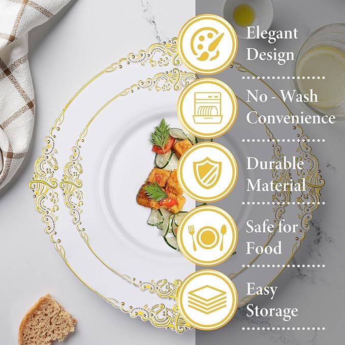 Nervure 700PCS Gold Plastic Plates - Gold Plastic Dinnerware Sets for 100 Guests - 200 Disposable Plates, 300 Silverware, 100 Cups, 100 Napkins for Wedding & Party