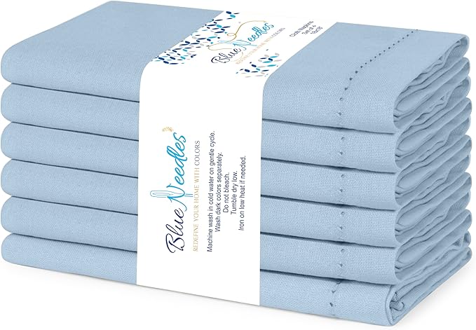 Blue Needles Set of 6 Hemstitch Linen Napkins 100% Cotton Ice Blue Cloth Dinner Napkins 18x18 inches, Soft, Reusable, Absorbent, Washable, Ideal for Wedding Events, Parties & Everyday Use
