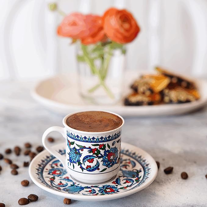Turkish Coffee Cup Set of 6 with Saucers & Holder – Ceramic, Dishwasher-Safe, Keeps Warm – Patterned Turkish Espresso Cups Set for Home & Office (Set Of 6)