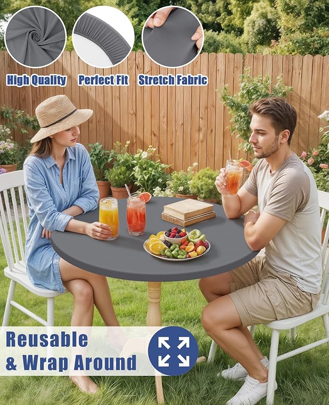 Round Spandex Tablecloth, Elastic Fitted Waterproof Tablecloths for 45"-56" Tables, Stretch Washable Picnic Table Cover for Camping, Dining, Indoor and Outdoor, Grey