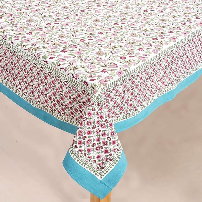 Handblock Print Cotton Tablecloth – 60x60 Square Table Cover 4 Seats – Indian Block Printed Floral Dining Table Linen – Boho Washable Cloth for Kitchen, Party, Outdoor, Pink