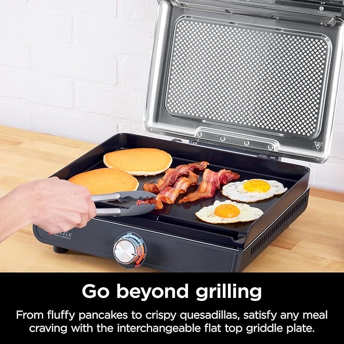 Ninja GR101 Sizzle Smokeless Indoor Grill & Griddle (Renewed), 14′′ Interchangeable Nonstick Plates, Dishwasher-Safe Removable Mesh Lid, 500F Max Heat, Even Edge-to-Edge Cooking, Grey/Silver