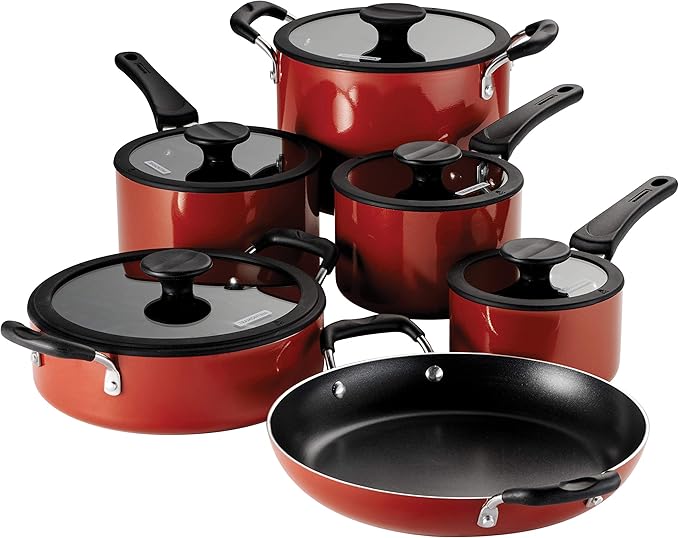 Tramontina Aluminum Non Stick 11-Piece Nesting Pots and Pans Set with Lids - Red, Kitchen Nonstick Cookware Set, Dishwasher and Oven Safe