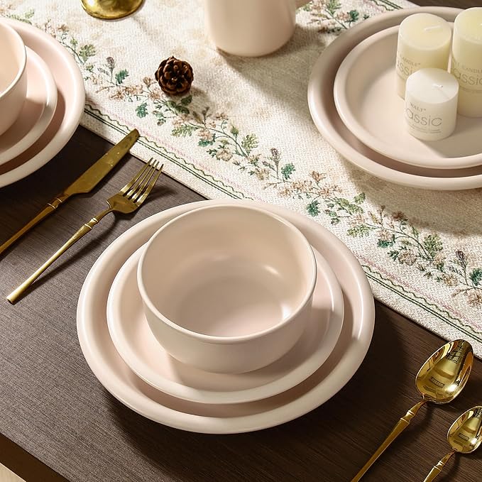 GZG Vintage Series - Ceramic Dinnerware Set for 2, 6 Pieces Stoneware Plates and Bowls Set, Lead-Free, Handcrafted Dishes Set, Microwave & Dishwasher Safe - Cream White