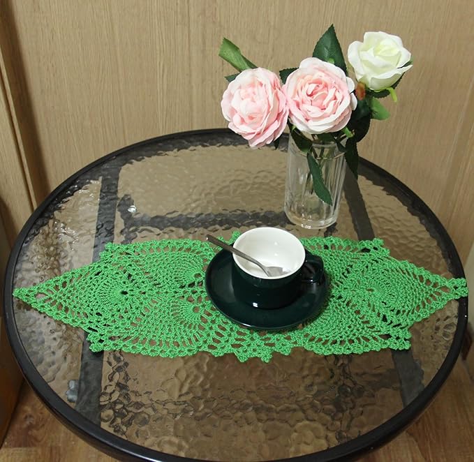 BIBITIME Crochet Lace Table Doilies Eyes Flower Doily Kitchen Vase Place Mats (7 in x 21 in,Pack of 2PCS, Style02-GrassGreen)
