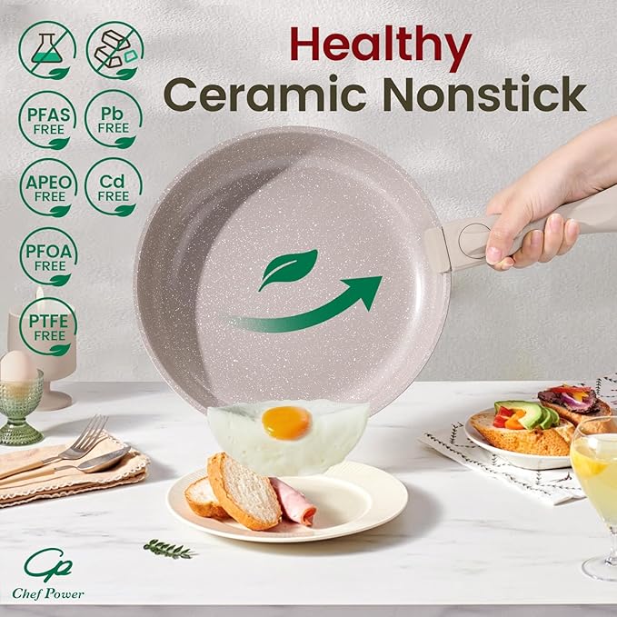 Chef Power Ceramic Nonstick Pots and Pans Set 19 Piece with Detachable Handle, Induction Dishwasher Oven Safe Cookware Set, RV Kitchen Set Removable Handle, Mocca Taupe