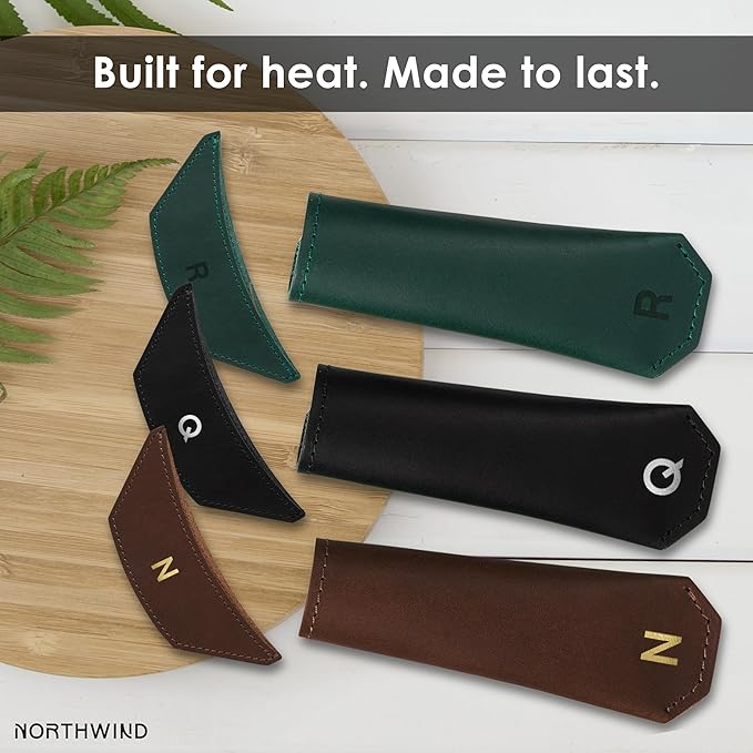Northwind Personalized Engraved Leather Skillet Handle Cover Set of 2 – Made in USA - Custom Monogrammed Pot Holder Sleeve for Cast Iron Pans, Anniversary, Wedding, Housewarming, and Unique Gift