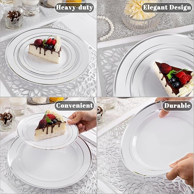 175PCS Sliver Plastic Plates - Silver Plates Disposable - White Plate with Silver Trim 25Guests Plastic Dinnerware Sets with Rolled Napkins for Wedding/Birthday/Valentine's Day