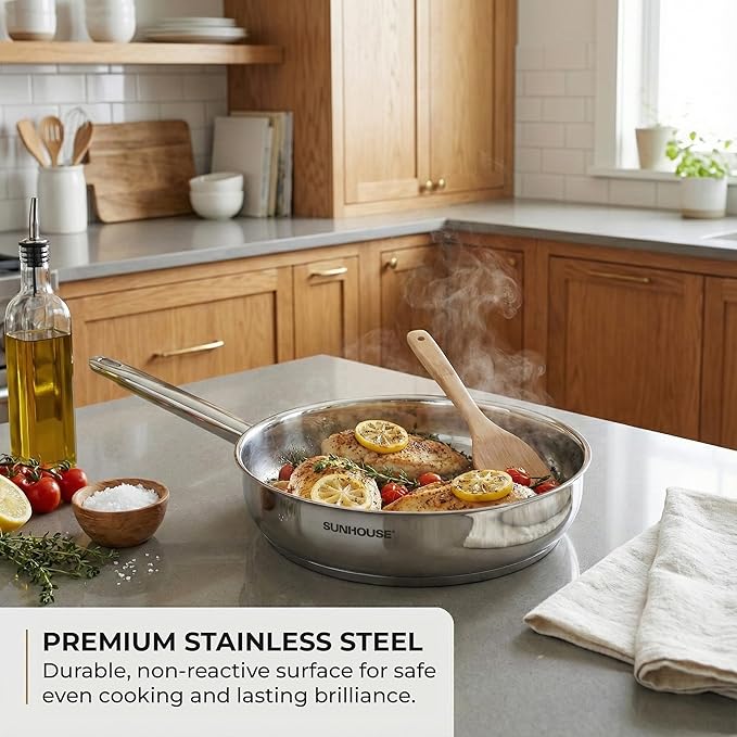 Sunhouse 8 Inch Tri-Ply Stainless Steel Frying Pan, Whole-Clad No Coatings Skillet with Stay-cool Handle for Cooking, Durable & Oven Safe to 500°F, Dishwasher Safe, Compatible with All Cooktops
