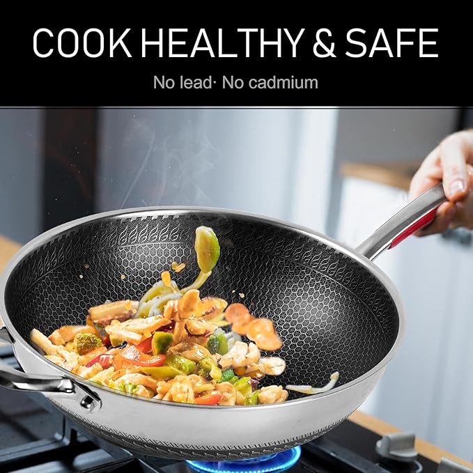 MEGOO 12 inch Stainless Steel nonstick wok with lid | Honeycomb wok & stir-fry pan | induction wok Compatible with All Cooktops | Dishwasher Safe | PFOA/PFA-Free
