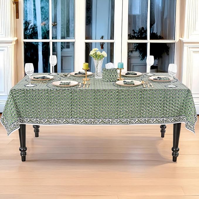 Ridhi Basil Green 60x60 Inches Square 100% Cotton Hand Block Print Tablecloth Washable Halloween Thanksgiving/Christmas Parties/Wedding Use,Fall décor Farmhouse Dining Dinner Tablecloth