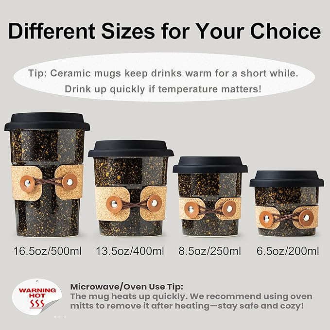 Travel Coffee Mug, Ceramic Coffee Tumbler with Lid, Porcelain Tea Mug, Reusable Camp Cups, Microwave & Dishwasher Safe, Modern Style, Gifts for Men and Women, 8.5oz
