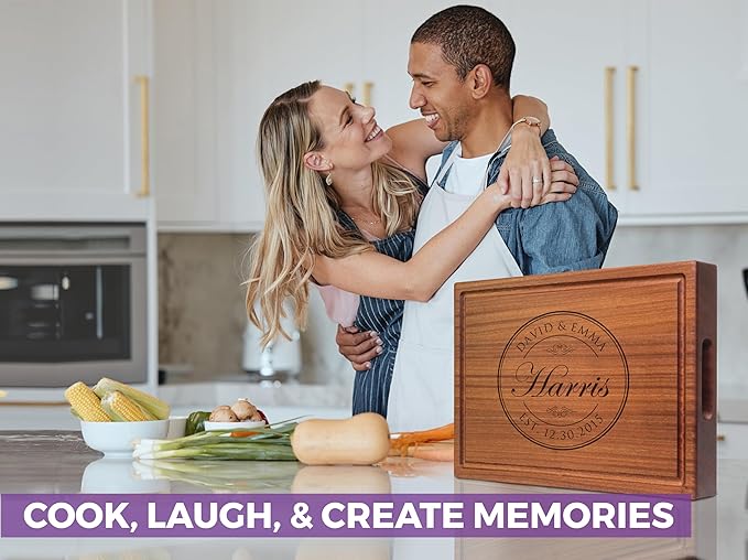 Personalized Cutting Board - Custom Engraved Wood Charcuterie Board - Best Wedding Gift Idea for Couples (Bride & Groom), Newlyweds - Handcrafted in USA from Premium Hardwood (Round Stamp 001)