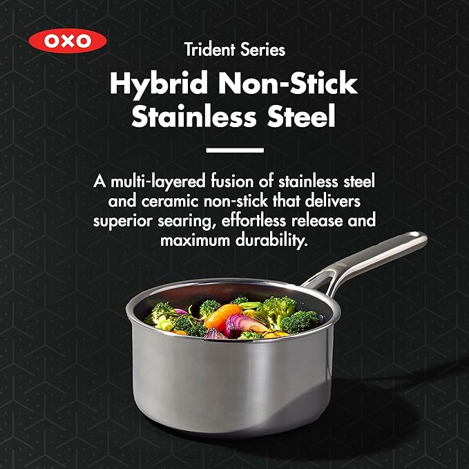 OXO Hybrid 2.5QT Nonstick Saucepan with Glass Lid, PFAS-Free Ceramic Chef Pot, Oven Safe to 850F, Induction & All Cooktop Compatible, Dishwasher Safe, Mirror Polished Tri-Ply