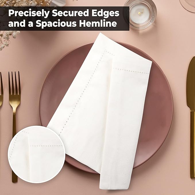 Urban Villa Cloth Napkins Ivory Hemstitch Dinner Napkins Set of 12 (20X20) 100% Cotton Absorbent Washable Durable Reusable Ideal for Hotel Collection Farmhouse Parties Restaurant Lunch Dinner Napkins