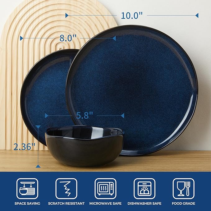 Extra Large Dinnerware Set for 12, 36 Pieces Ceramic Plates and Bowls Set, Kitchen Dish Set, Microwave & Dishwasher Safe Dishware, Ocean-Inspired Stoneware for Big Gatherings, Starry Blue