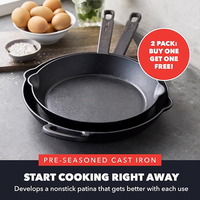 GreenPan x Bobby Flay Cast Iron Skillet Set, 8” &10” Pre-Seasoned Frying Pans, Pour Spouts, Induction Compatible, Oven, Grill, Indoor/Outdoor, Durable, Black