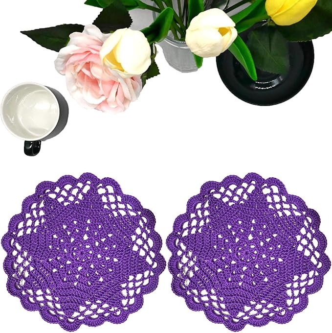 BIBITIME 2 PCS 6" to 7" Lace Doilies Coasters Handmade Crochet Round Kitchen Table Placemats Wedding Tea Flower Vase Cup Mats (Dark Purple)